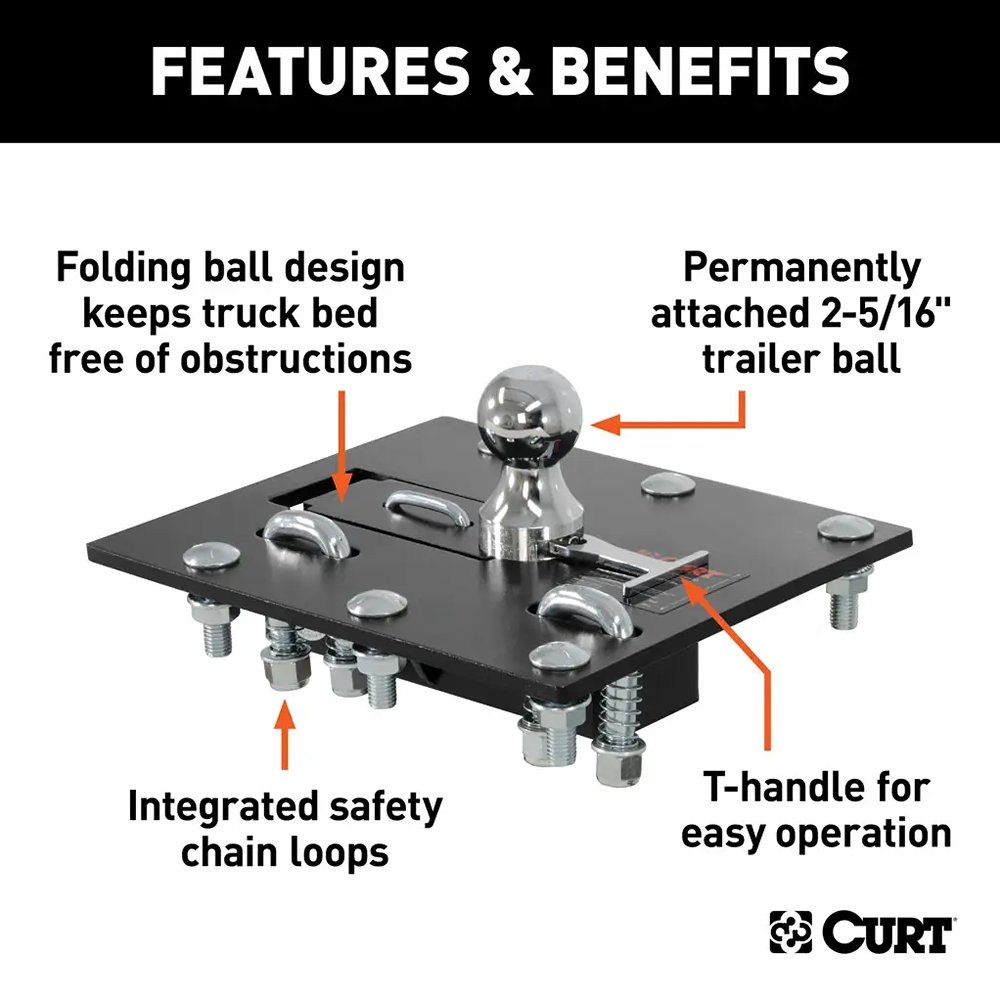 Curt folding gooseneck ball hitch to install in a truck bed by Eckharts.
