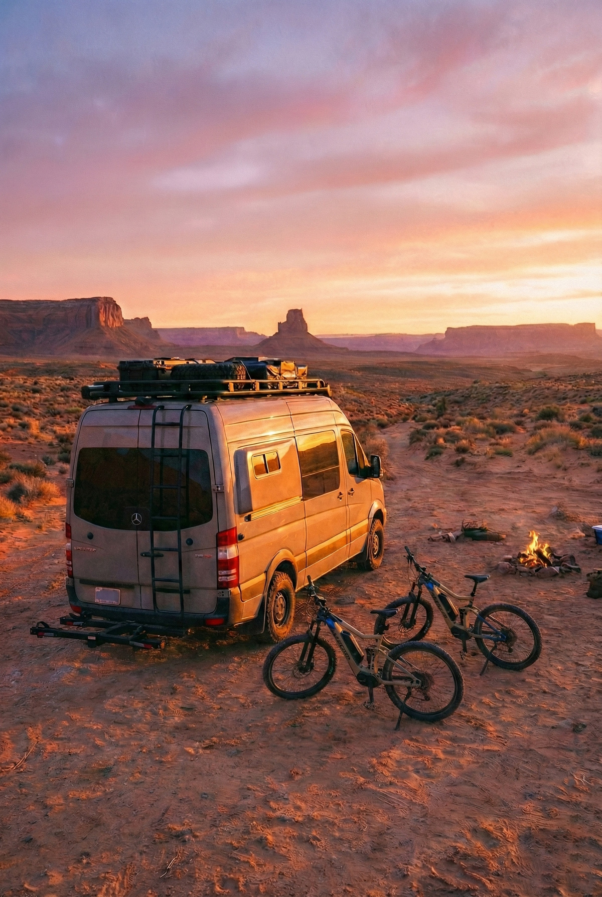 Off-road Mercedes Sprinter van equipped with a custom, anti-wobble Eckharts gear rack.