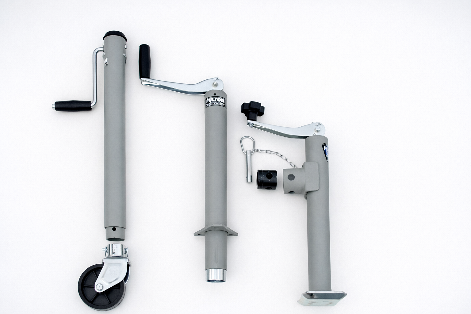 Heavy-duty trailer tongue jack installed for easy trailer maneuvering.